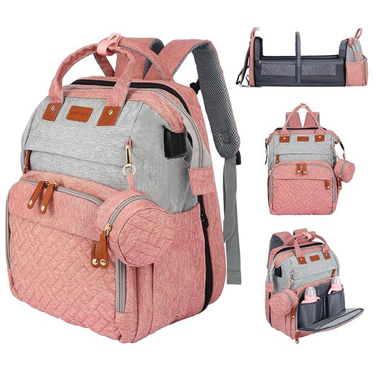 JOYCE Diaper Bag Backpack, with Changing Table Backpack, 900D Oxford Cloth, Large Capacity Diaper Backpack, 3 in 1 Multifunctional Travel Baby Diaper Backpack (pinkish gray)