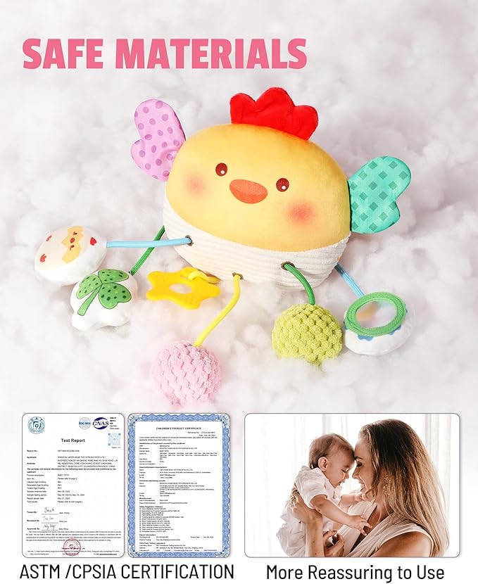 Baby Car Seat Toys 0-6 Months, Sensory Crib Hanging Soft Plush with Rattles, Crinkle Paper and Teether, Educational Toy for Baby Shower Newborn Infant Gifts (Yellow Chick)
