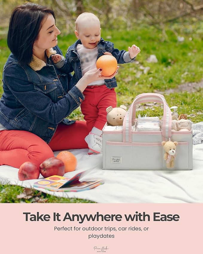 PeraBella XL Diaper Caddy Organizer With Handle, Baby Shower Gifts Basket Bag, Registry Search Must Haves Items, Newborn Girl Boy Nursery Storage Organizer, Baby Bag Essentials, Car Diaper Caddy Cart