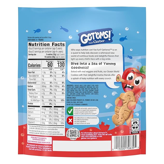 Get'ems! from Gerber Pumpkin, Apple & Cinnamon Ocean World Cookies, Kids Snack Made with Real Veggies & Fruits, Iron & Vitamin E