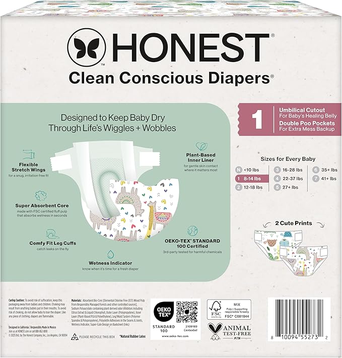 The Honest Company Clean Conscious Diapers for Delicate Skin | Up to 100% Leakproof | Hypoallergenic, Fragrance Free | Gender Neutral | Club Box, Size 1 (8-14 lbs), 78 Count (Prints May Vary)