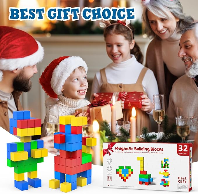 ROMDS Magnetic Blocks 32 Pieces,1 inch Large Magnetic Building Blocks for Ages 3+ Year Old Boys and Girls,3D Magnetic Cubes for Kids,Preschool STEM Educational Sensory Magnet Toys