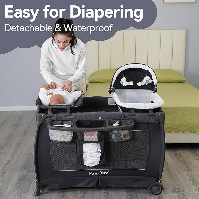 Pamo Babe Playard Portable Playard Foldable Playpen for Baby and Toddler Portable Crib Mattress Diaper Changer for Newborn (Grey)