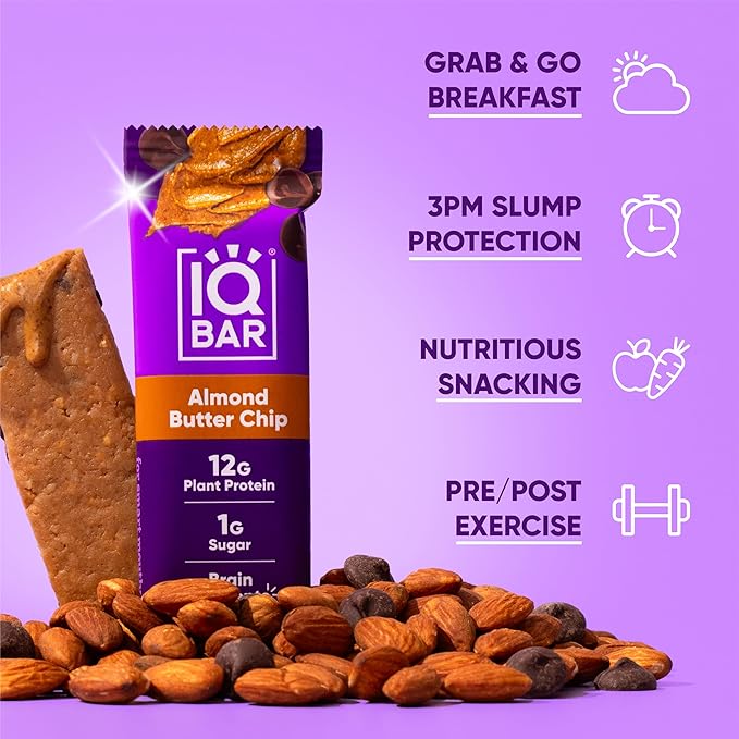 IQBAR Brain and Body Plant Protein Bars - Almond Butter Chip - 36-Count Low Carb - Gluten Free, High Fiber, Vegan Snacks - Low Sugar Meal Replacement