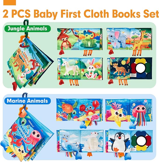 hahaland Baby Books 0-6 Months - 2 PCS Sensory Montessori Toys for Babies 0-6 Months with Crinkle Squeaky Sounds, Mirrors, Teethers - Soft Cloth Tummy Time Book Newborn Infant Toys