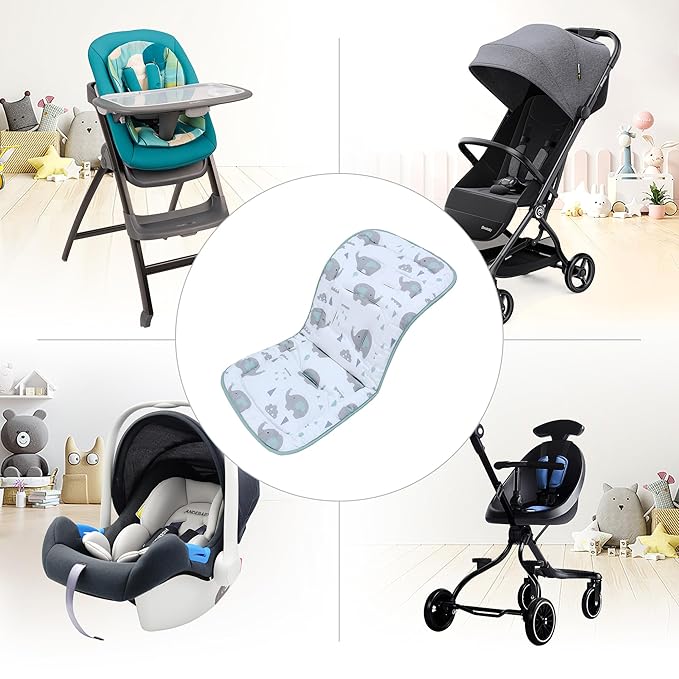 Baby Stroller Cushion,Infant Car Seat Insert-Reversible Universal Breathable and Soft Newborn Stroller Mat,100% Cotton Cover Toddler Seat Pad Liner-34x78cm,1 Pack(Elephant Green+White)