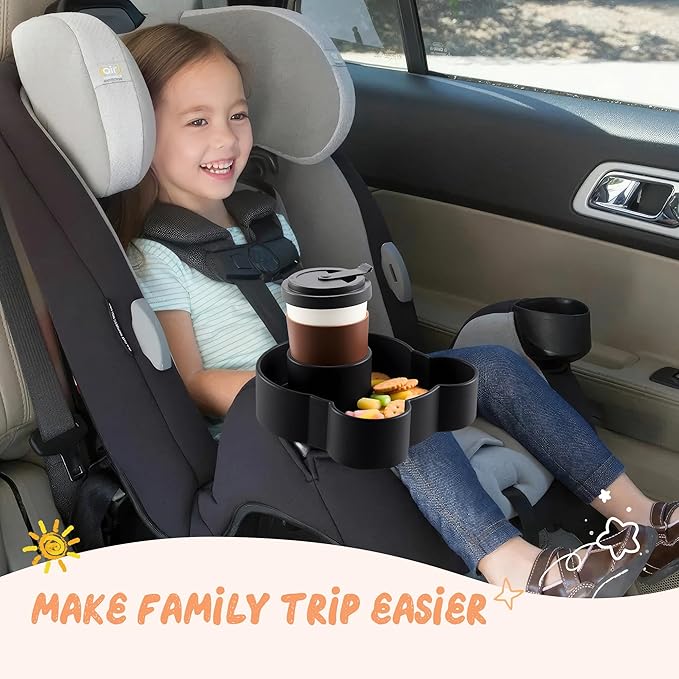 LEORAY Car Seat Snack Tray Silicone with Deeper Cup Holder, Food Tray for Kids Toddler Travel with 2 Different Size Adapters, Fits Most Car Seat and Other Seats with Cup Holders (Black)