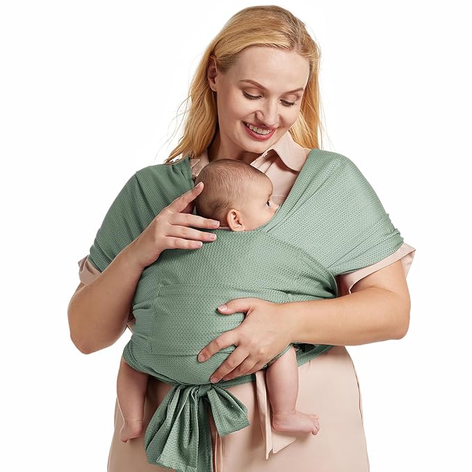 Momcozy Adjustable Buckle Baby Wrap Carrier Cooling Air-Mesh, Easy to Wear Baby Carrier Sling, Baby Carriers Newborn to Toddler 8-35lbs, Suit for Waist 47-57inch,Plus Size Grey Green