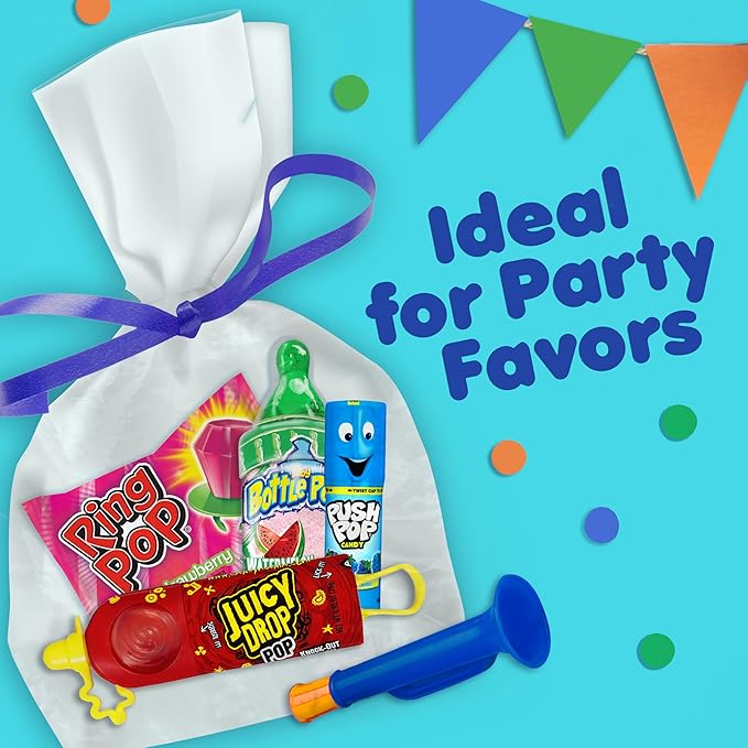Assorted Candy Variety Pack 4 Count Lollipops - Ring Pop, Push Pop, Baby Bottle Pop & Juicy Drop - Ideal for Kids Party Favors, Party Favor Bags by Bazooka Brands