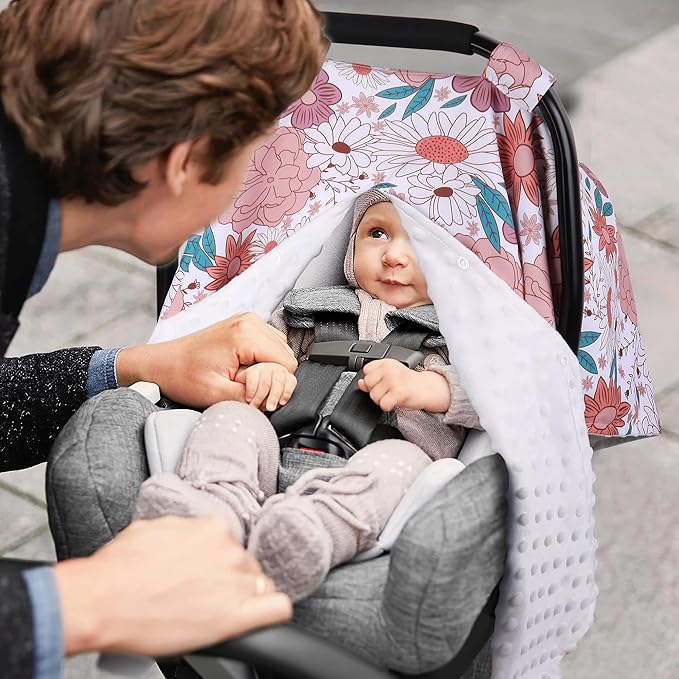 Metplus 2 in 1 Flowers Baby Car Seat Cover, Car Seat Canopy for Babies, Mom Multiuse Nursing Cover, Minky Baby Carrier Covers, Newborn Boy Girl, Peekaboo Opening