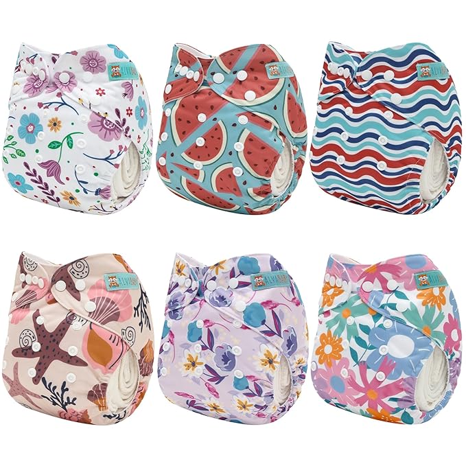 ALVABABY 6 Pack Cloth Diaper with 12 Inserts One Size Adjustable Washable Reusable Diaper Cover for Baby Girls and Boys