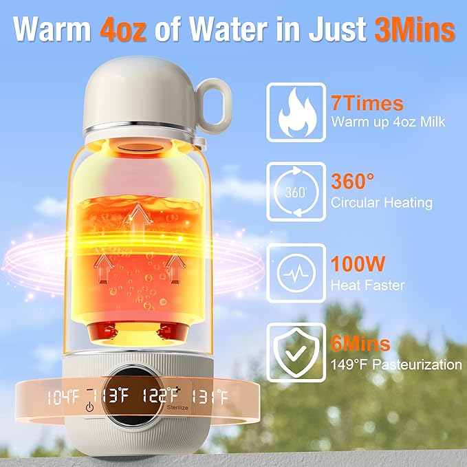 Portable Bottle Warmer for Travel– Warm Baby Formula, breastmilk, or Water, Super Fast Charging Milk Warmer with Precise Temp Control & Long-Lasting Keep Warm, Baby Bottle Warmer for On-The-Go