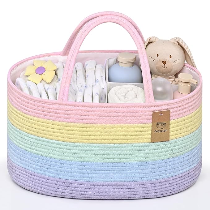 Baby Diaper Caddy Organizer, Cotton Rope Diaper Basket, Baby Basket for Changing Table, Nursery, Car, Changing Table Storage Bin With Removable Divider, Baby Shower Gifts for Newborn, Baby Essentials