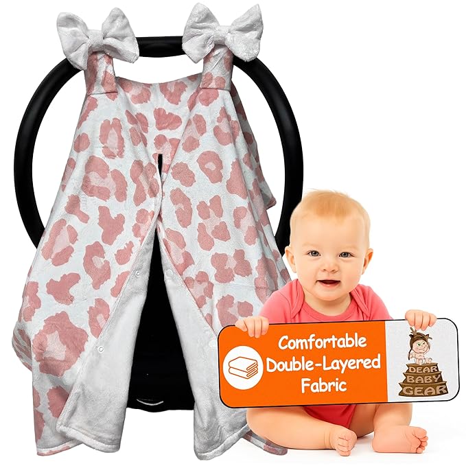Dear Baby Gear - Car Seat Canopy, Infant Carrier Cover for Boys & Girls, Cozy Fall Baby Shower Gift, Nursing & Stroller Use, Newborn Travel Sunshade Accessory, Pink Cheetah, Pink Dot, White Puffy Bows