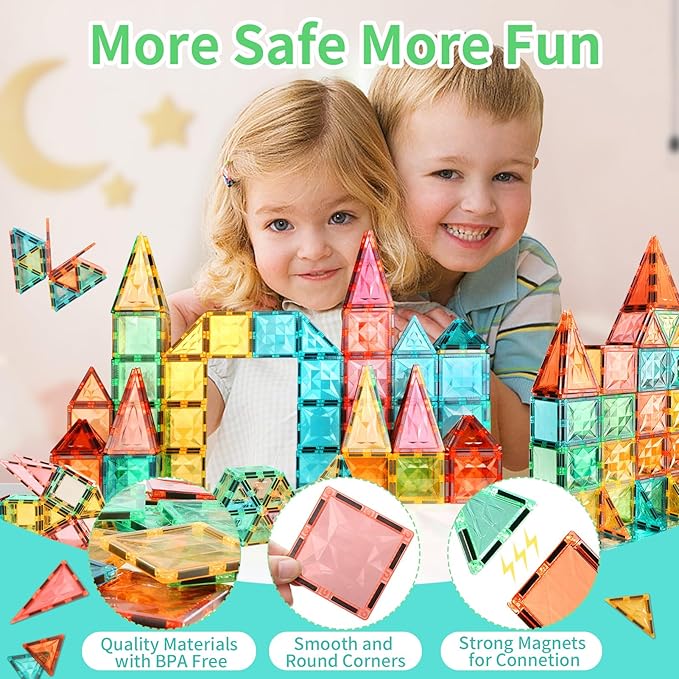 Magnetic Tiles,Magnet Building Blocks Construction Stacking Educational Toy Creative Playboard for Kids Ages 3+ (032 Pieces)