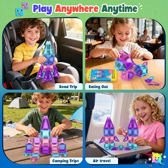 Magnetic Tiles Toddler Toys Travel Essential Games Magnet Building Blocks STEM Sensory Educational Toys for 3 4 5 6 7 8+ Year Old Boys Girls Christmas Birthday Gifts