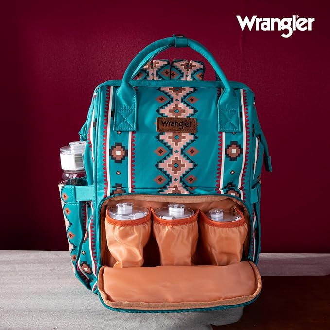 Wrangler Diaper Bag Backpack Aztec Travel Backpack Purses Western Multi-Function Baby Bags for Mom with Waterproof Insulated Pockets