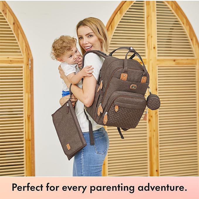 Dikaslon Diaper Bag Backpack with Portable Changing Pad, Pacifier Case and Stroller Straps, Large Unisex Baby Bags for Boys Girls, Multipurpose Travel Back Pack Moms Dads, Brown