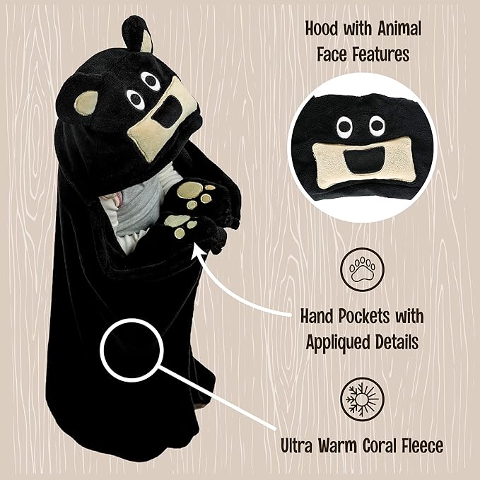 Lazy One Wearable Hooded Blanket for Kids, Animal Hooded Blanket (Bear)