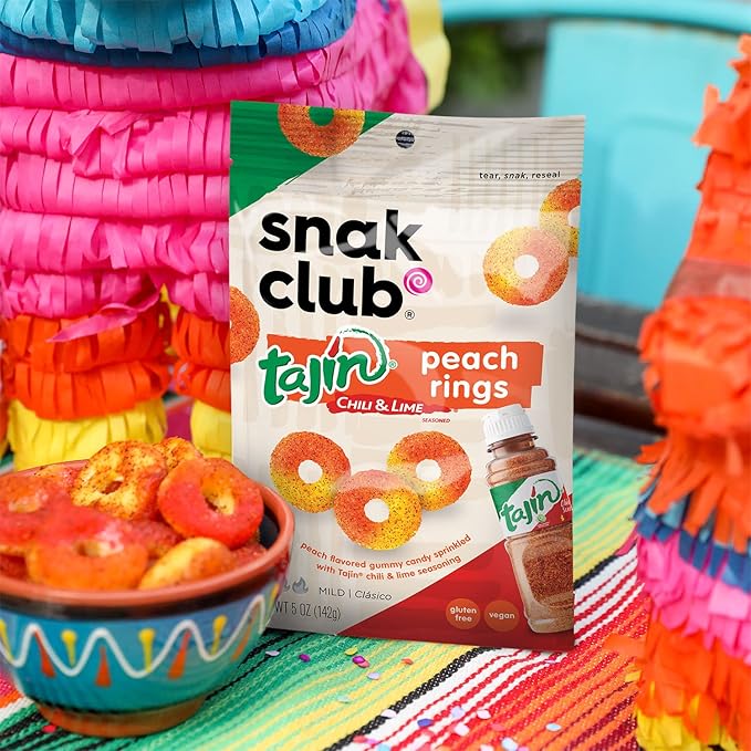 Snak Club Tajin Peach Rings, Sweet and Spicy Gummy Snacks, 11 Ounce (Pack of 6)