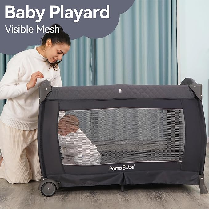 Pamo Babe Playard Portable Playard Foldable Playpen for Baby and Toddler Portable Crib Mattress Diaper Changer for Newborn (Grey)