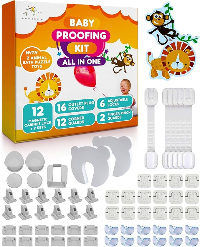 Baby Proofing Kit 67pcs All in One Includes Magnetic Cabinet Locks for Baby Proofing, Corner Bumper Protectors, Child Safety Strap Locks, Power Point Outlet Covers, Finger Pinch Guards & Bath Toys