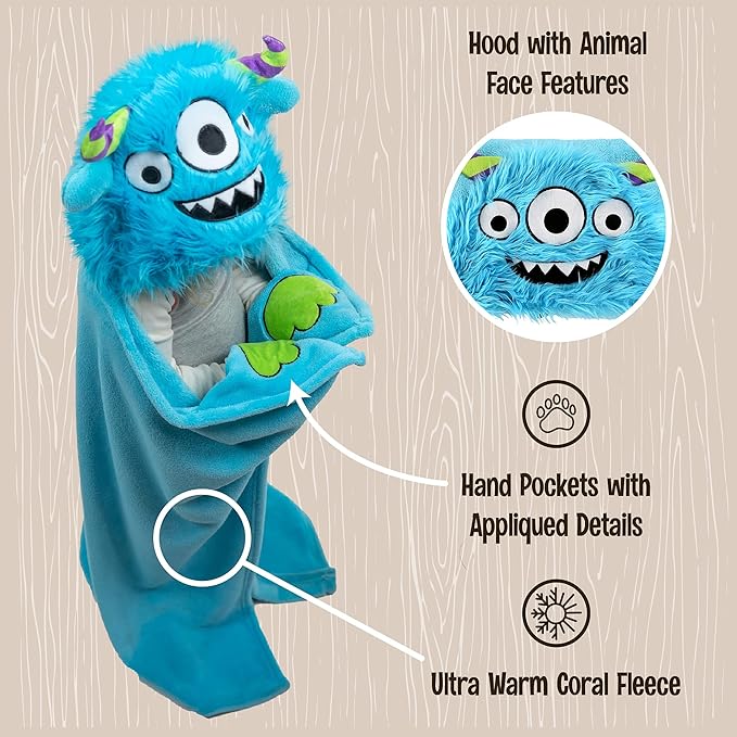 Lazy One Wearable Hooded Blanket for Kids, Animal Hooded Blanket (Monster)
