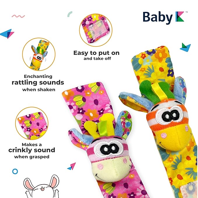 BABY K Foot Finder Socks & Wrist Rattles (Set I) - Newborn Toys for Baby Boy or Girl - Brain Development Infant Toys - Hand and Foot Rattles Suitable for 0-3, 3-6, 6-12 Months Babies