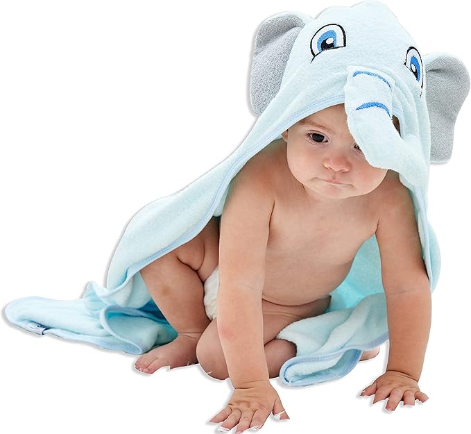 HIPHOP PANDA Hooded Towel - Rayon Made from Bamboo, Bath Towel with Bear Ears for Newborn, Babie, Toddler, Infant - Absorbent Large Baby Towel - Blue Elephant, 30 x 40 Inch