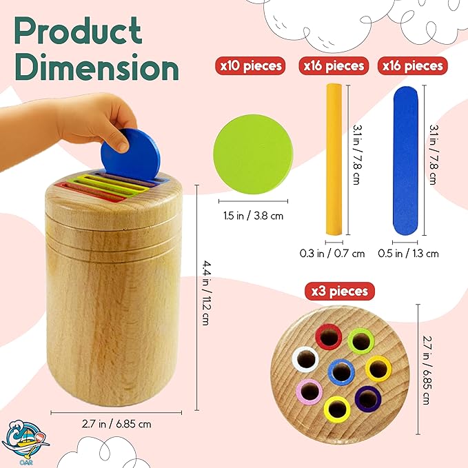 OAR Montessori Toys for Toddlers 1-3 – 3 in 1 Wooden Fine Motor Skills Toy Set | Color Sorting, Coin Drop, Sensory Learning | Educational Beech Wood Toys for Boys and Girls