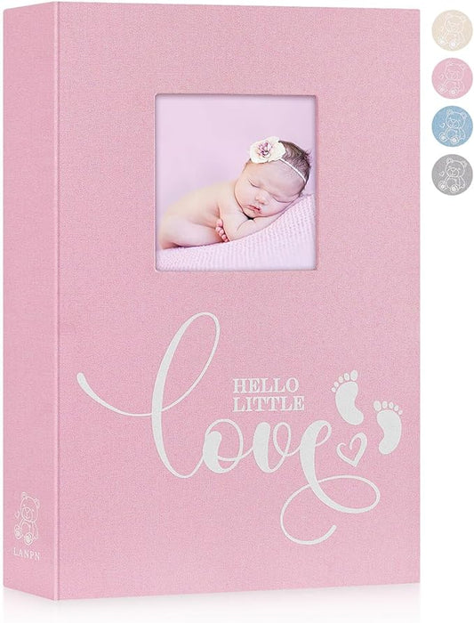Lanpn Baby Photo Album 4x6 300 Pockets, Linen Hardcover Newborn Memory Book with Memo Writing Area, Bebe Photobook, Slip-in Picture Book, Ultrasound Album Keepsake Gifts for Girl Baby Shower Pink