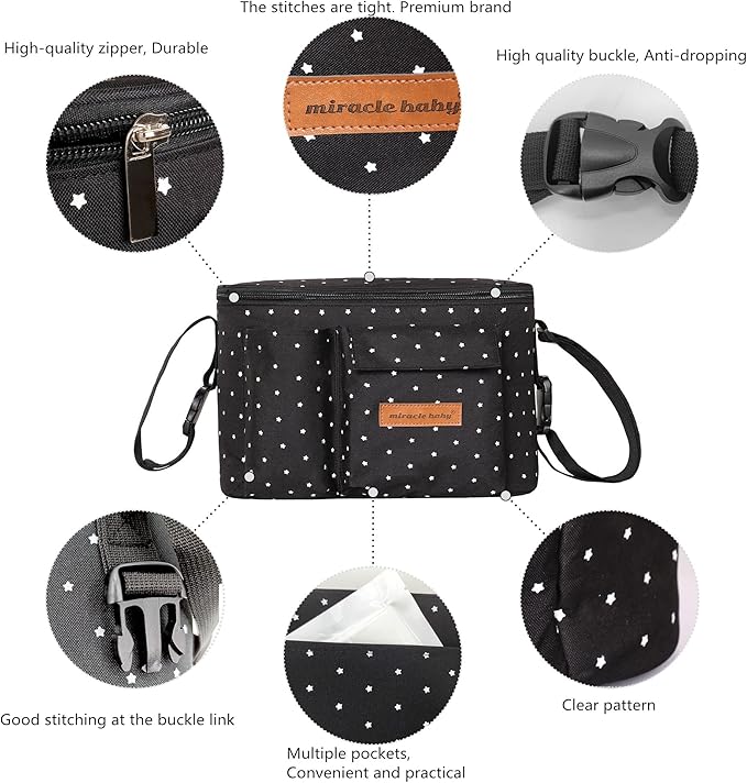 Miracle Baby Stroller Organizer Bag for Mom,Universal Stroller Storage Caddy Diaper Bag- Compatible with Most Stroller - Multifunctional Larg(Black White Star)