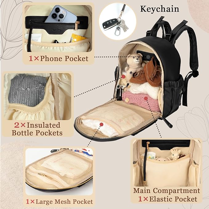 miss fong Small Diaper Bag Mini Diaper Bag Backpack Mini Backpack with 11 Pockets Baby Diaper Bag with Hand Sanitizer Holder, 2 Insulated Pockets-BALCK