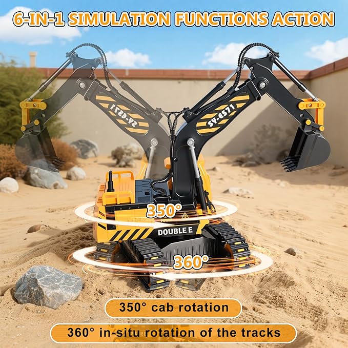 DOUBLE E Remote Control Excavator Toy, RC Excavators Sandbox Digger Hydraulic Construction Toys - Realistic Construction Vehicle with 6 Functions, Xmas Gift for Kids 3-14 Years