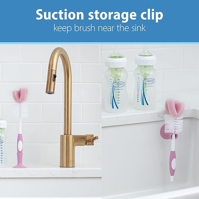Dr. Brown's Reusable Sponge Baby Bottle Cleaning Brush Set with Suction Cup Stand, Scrubber and Nipple Cleaner, Pink, 3 Pack
