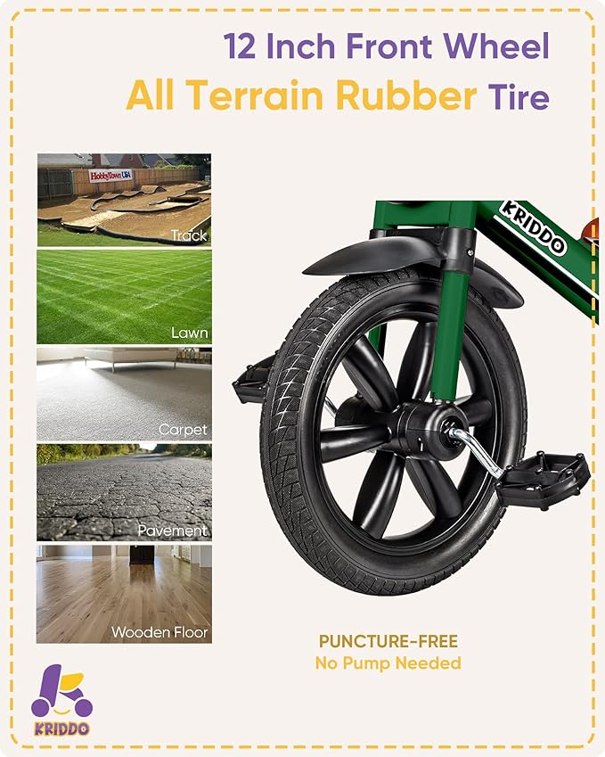 KRIDDO Kids Tricycles Age 2 Years to 5 Years, 12 Inch Puncture Free Rubber Wheel w Front Light, Adjustable Seat Height, Gift Toddler Tricycles for 2-5 Year Olds, Trikes for Toddlers, Green