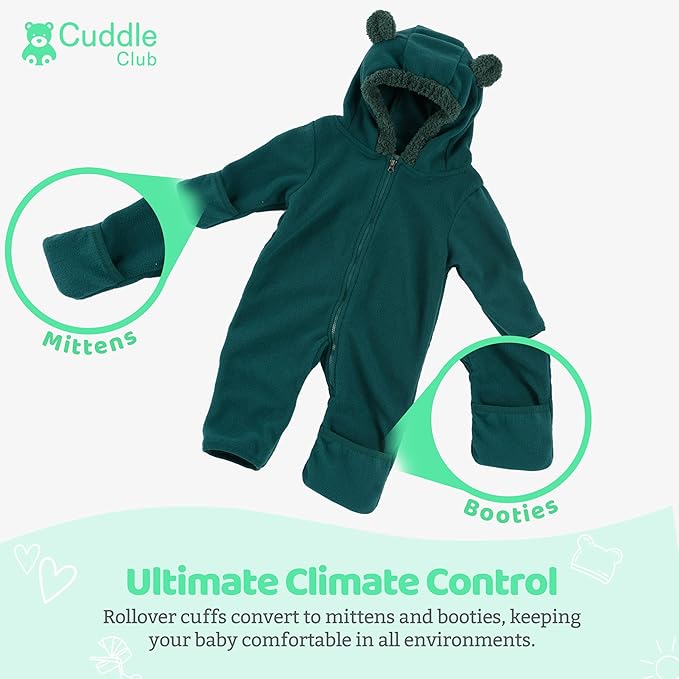 Cuddle Club Fleece Baby Bunting Bodysuit with Hood, Convertible Mittens & Booties, Car Seat Friendly, Soft & Warm, Easy Zip
