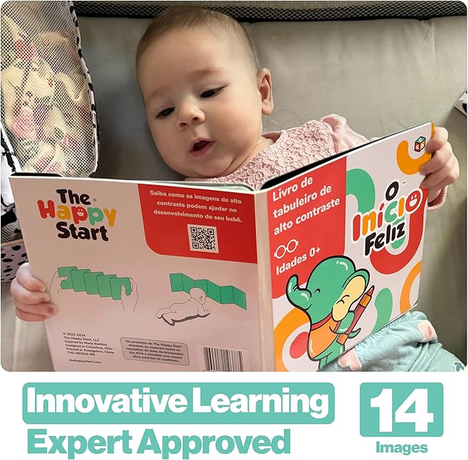 Happy Start Award-Winning High Contrast Board Book - Newborn Black & White Baby Cards, Easy to Clean, Hospital Approved, Stands on Its Own, Tummy Time Toy, Ages 0+ (Portuguese)
