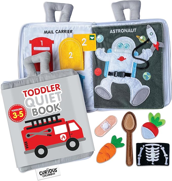 Curious Columbus Quiet Book Fabric Busy Book for Toddlers 3-5 - Airplane Toddler Travel Toys for Kids - Montessori Toy Preschool Activity Books - Fun and Educational for Toddlers