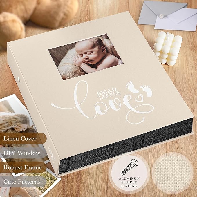 Lanpn Baby Photo Album 4x6 600 Pockets, Linen Newborn Bebe Memory Book Photobook Holds 600 Horizontal and Vertical Photos, Picture Album with Front Window Gift for Boy Girl Baby Shower Beige
