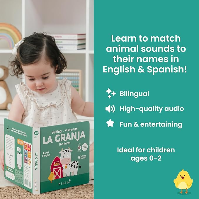 Binibi Spanish Books for Babies & Toddlers 1-3 La Granja Interactive Bilingual Sound Book with Farm Animal Sounds | Bilingual Children's Book | Spanish Learning for Kids | Libro en espaรฑol para bebรฉs