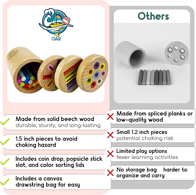 OAR Montessori Toys for Toddlers 1-3 – 3 in 1 Wooden Fine Motor Skills Toy Set | Color Sorting, Coin Drop, Sensory Learning | Educational Beech Wood Toys for Boys and Girls