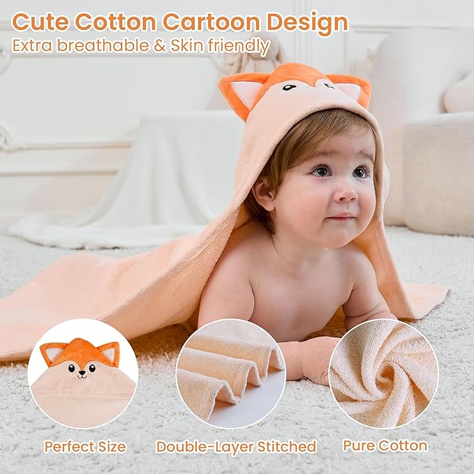 Mooreeke 2 Pack Toddler Towels - 100% Cotton Toddler Hooded Towels - Soft Baby Bath Towel with Hood for Newborn - Comfort Towel for Baby Girls and Boys - Animal Shaped (Lamb & Fox)
