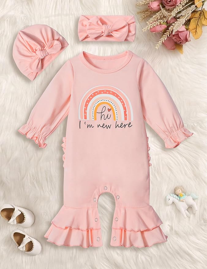 AGAPENG Newborn Girl Clothes Ruffle Letter Print Romper Infant Bell Bottom Jumpsuit Boho Baby Girl Clothes with Headband Hat