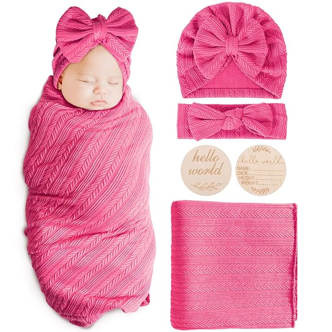 Newborn Receiving Blanket with Bow Hat Headband Wooden Card Set Wheat-Pattern Newborns Toddler Baby Boy Girl Nursery Swaddle Wrap