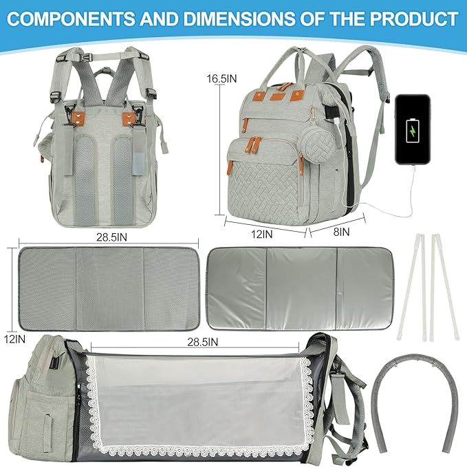 large diaper bag backpack,baby bag with changing station for Boys Girls,Multifunctional Diaper Bag,Mommy Bag With USB Charging Port(grey)