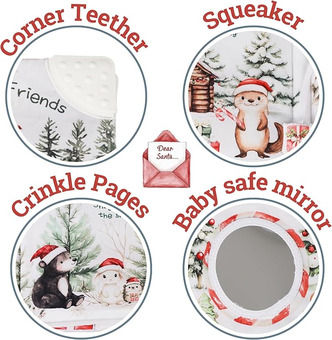 Ali+Oli Baby Cloth Book – Soft Sensory Crinkle Book with Teether for Infants 0-12 Months – Early Learning Touch & Feel Tummy Time Toy – Newborn Shower Gift for Boys & Girls - Christmas Friends