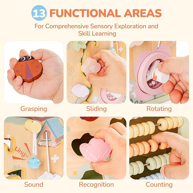 ROBUD 13-in-1 Wooden Activity Cube, Montessori Toys for 1+ Year Old Boys & Girls, Multipurpose Educational Sensory Toy for Toddlers, Educational Learning Toys, Fountain Garden Theme