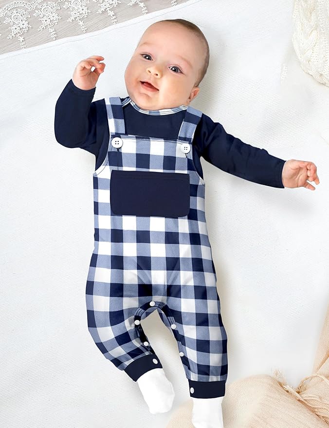 Baby Boy Clothes Long Sleeve Animal Plaid Romper + Overalls Infant Boy Clothes 2PCS Fall Winter Outfits