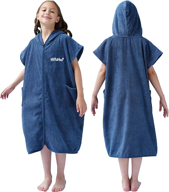 Hiturbo Kids Bath Towel Hoodie: Absorbent Quick Dry Zipper Surf Poncho - Changing Towels Swimming Outerwear (Navy)